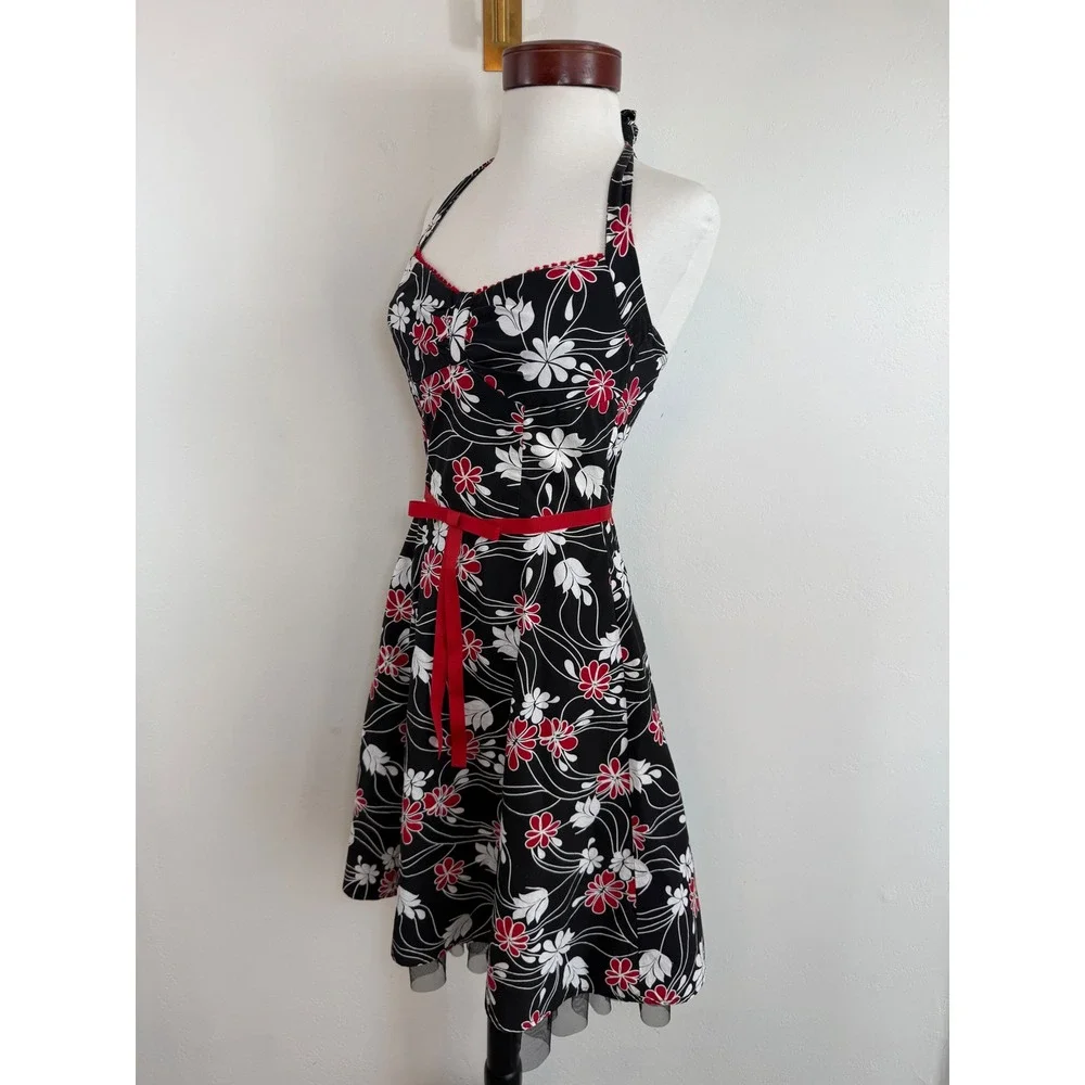 Rampage‎ Floral Halter Dress Red White Y2K Rockabilly Pinup Retro Tulle Sz 3 XS
